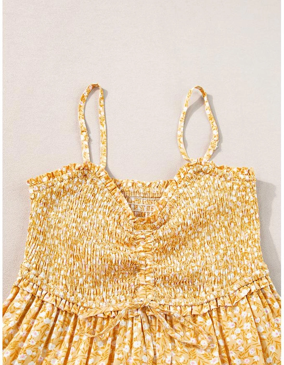 Yellow Frilly Smocked High Waist Floral Maxi Dress