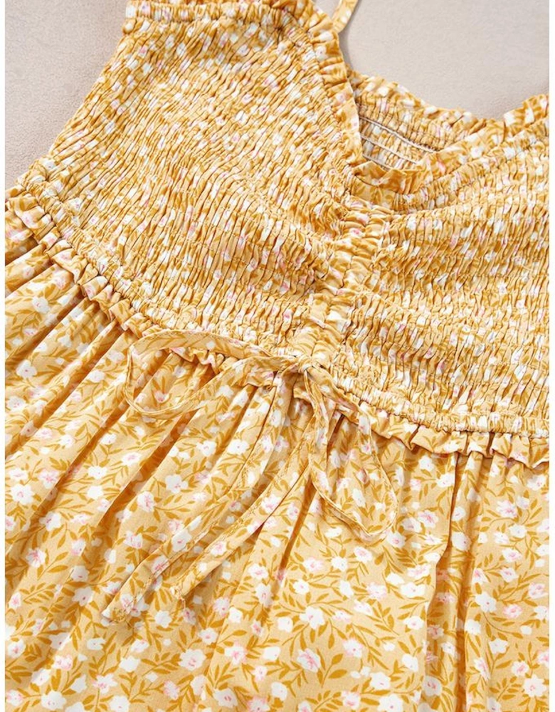 Yellow Frilly Smocked High Waist Floral Maxi Dress