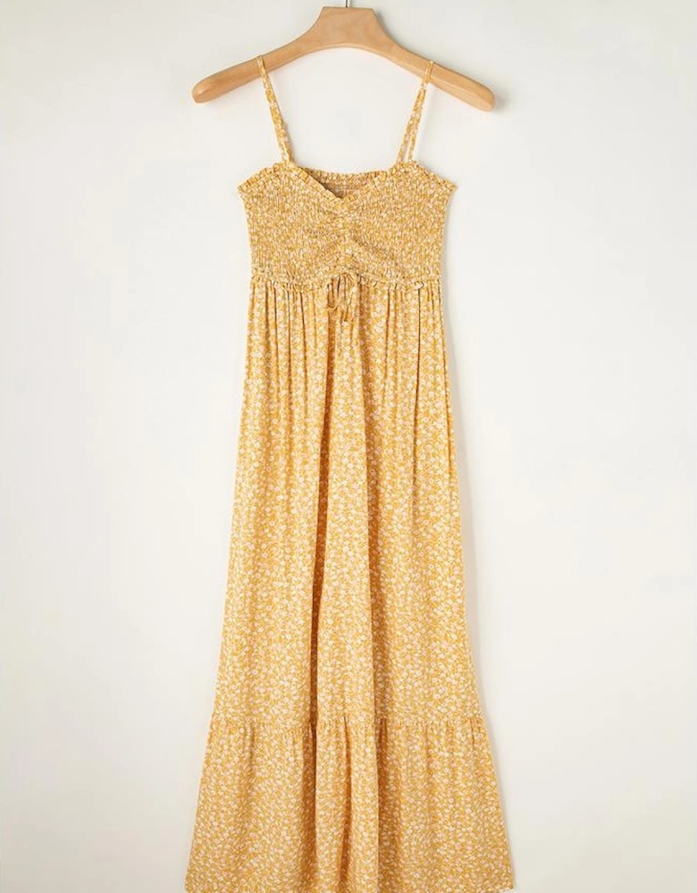 Yellow Frilly Smocked High Waist Floral Maxi Dress