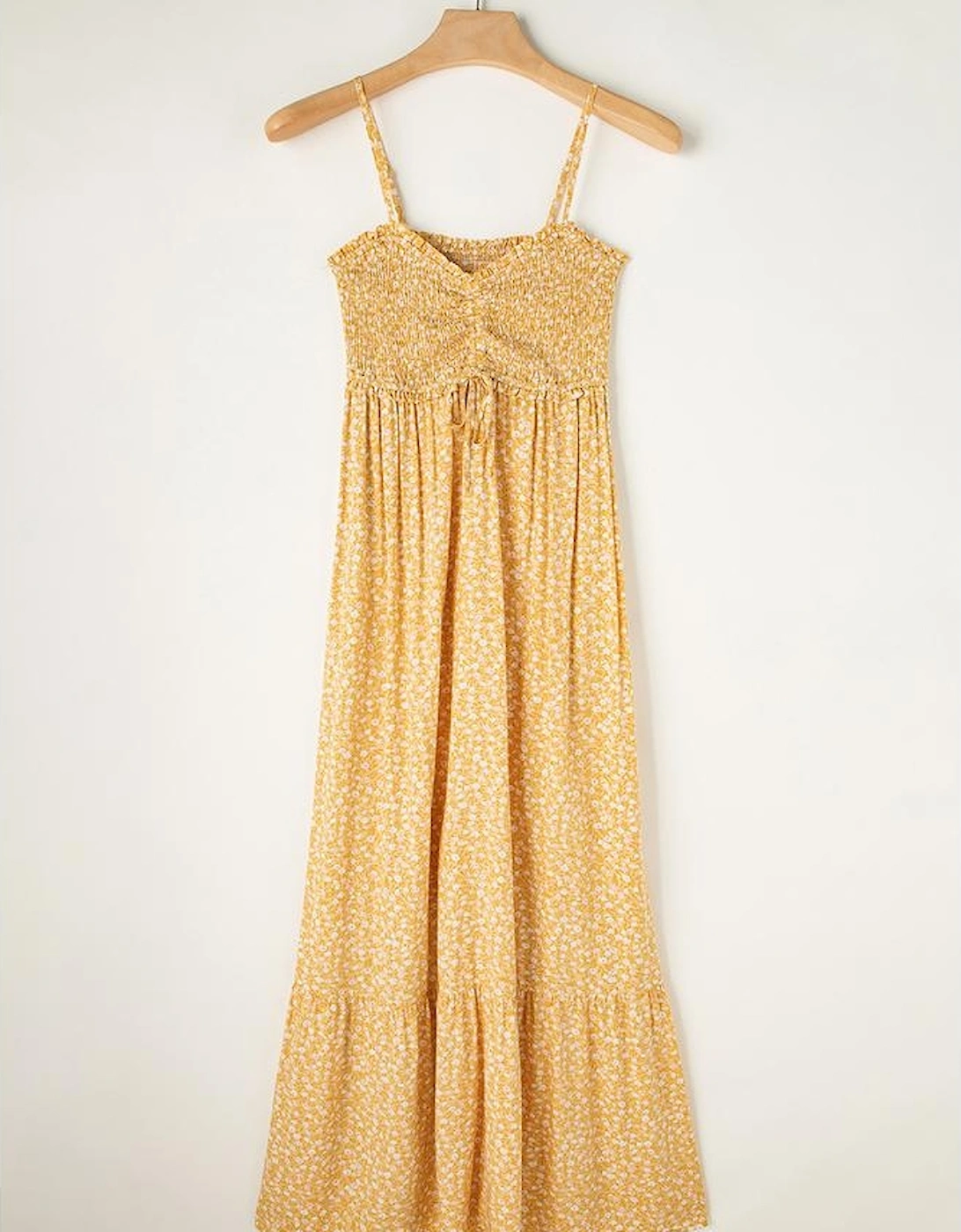 Yellow Frilly Smocked High Waist Floral Maxi Dress