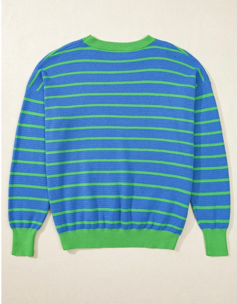 Sky Blue Stripe Trimmed Round Neck Drop Shoulder Loose Sweater