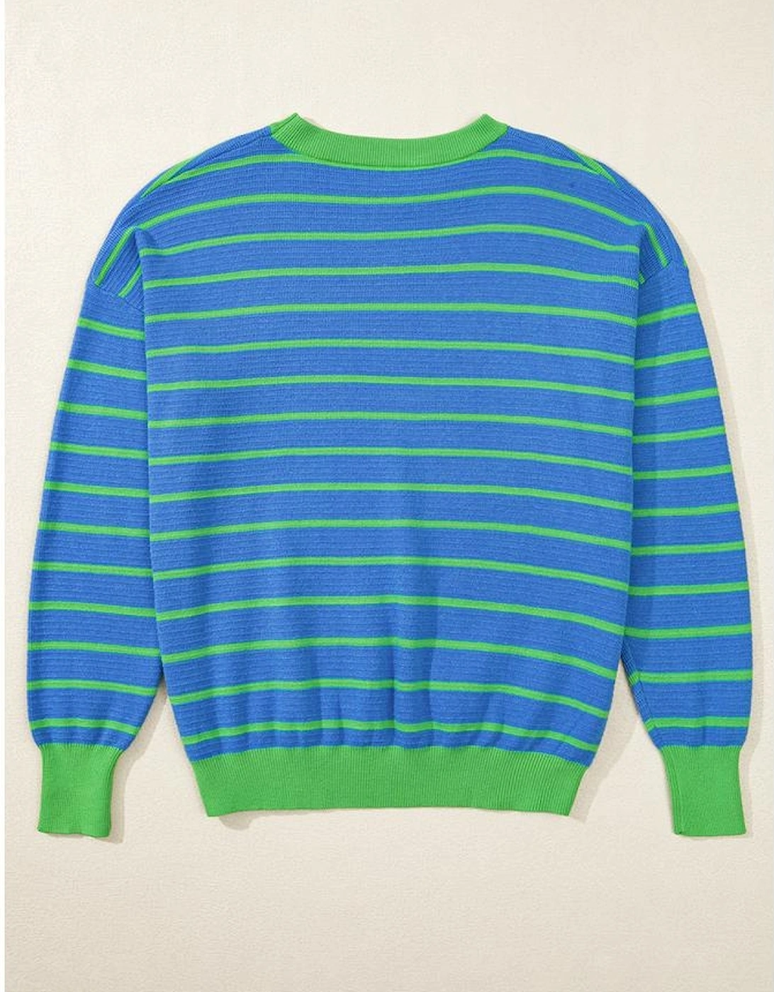 Sky Blue Stripe Trimmed Round Neck Drop Shoulder Loose Sweater, 9 of 8