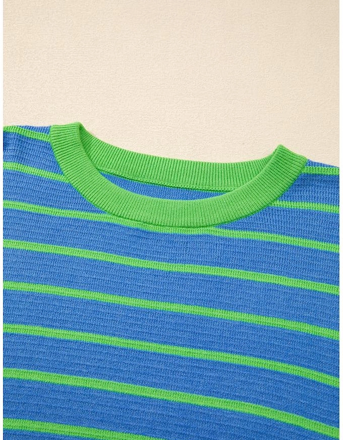 Sky Blue Stripe Trimmed Round Neck Drop Shoulder Loose Sweater