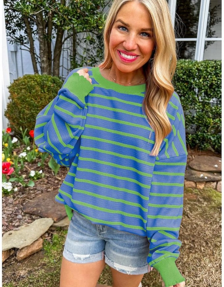 Sky Blue Stripe Trimmed Round Neck Drop Shoulder Loose Sweater