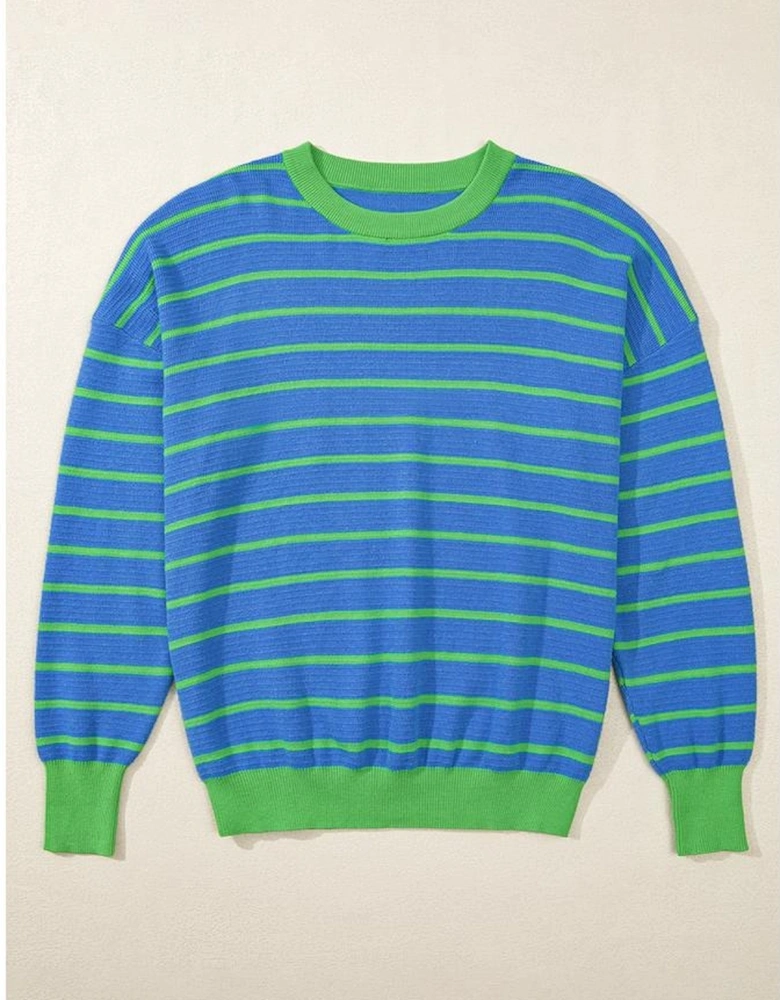 Sky Blue Stripe Trimmed Round Neck Drop Shoulder Loose Sweater