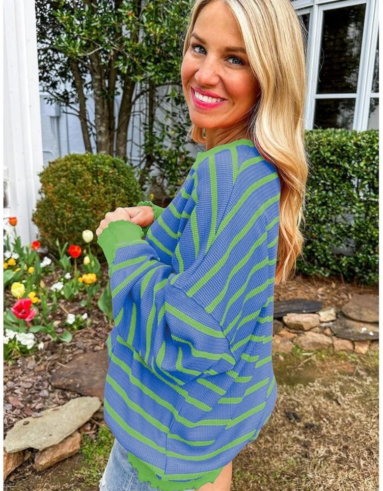 Sky Blue Stripe Trimmed Round Neck Drop Shoulder Loose Sweater