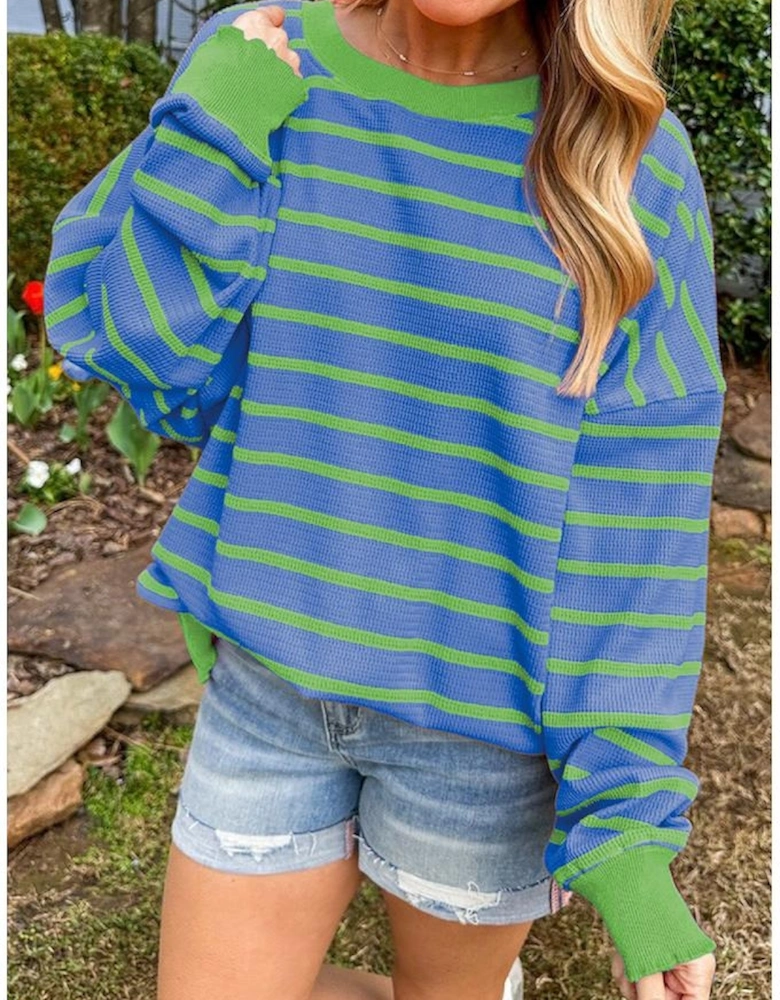 Sky Blue Stripe Trimmed Round Neck Drop Shoulder Loose Sweater