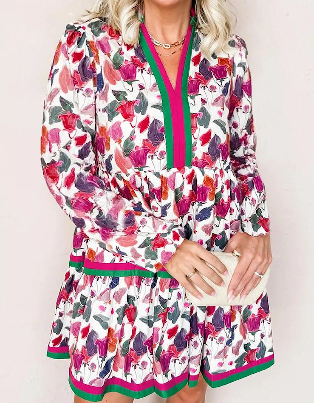 Purple Floral Print Contrast Striped Detail Long Sleeve Mini Dress