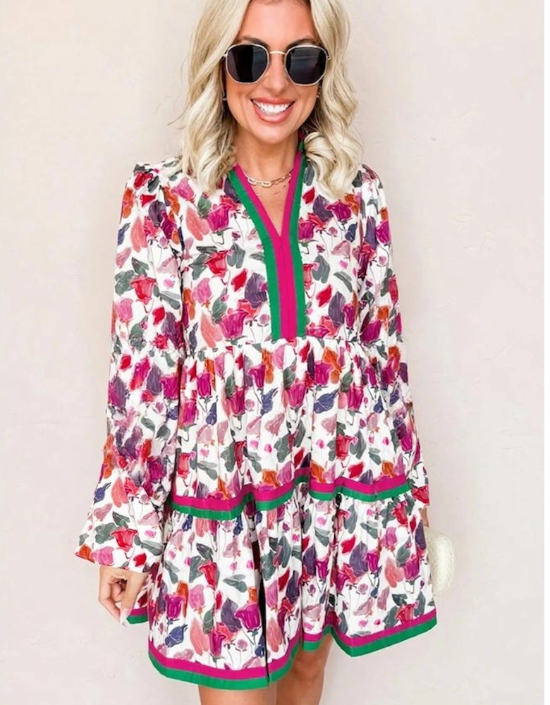 Purple Floral Print Contrast Striped Detail Long Sleeve Mini Dress