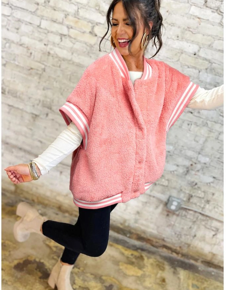 Gossamer Pink Varsity Striped Banding Patchwork Winter Plush Vest