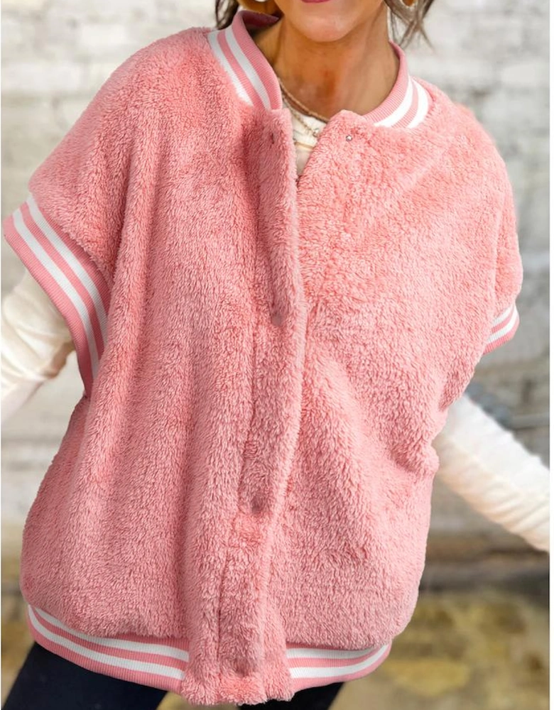 Gossamer Pink Varsity Striped Banding Patchwork Winter Plush Vest