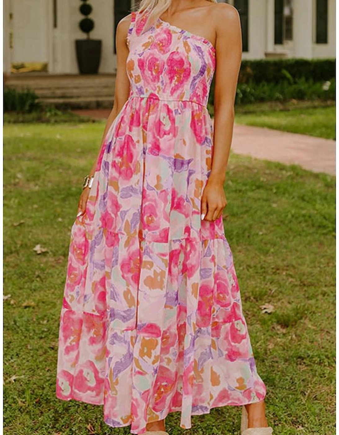 Pink Abstract Floral Print Shirred One Shoulder Maxi Dress, 16 of 15