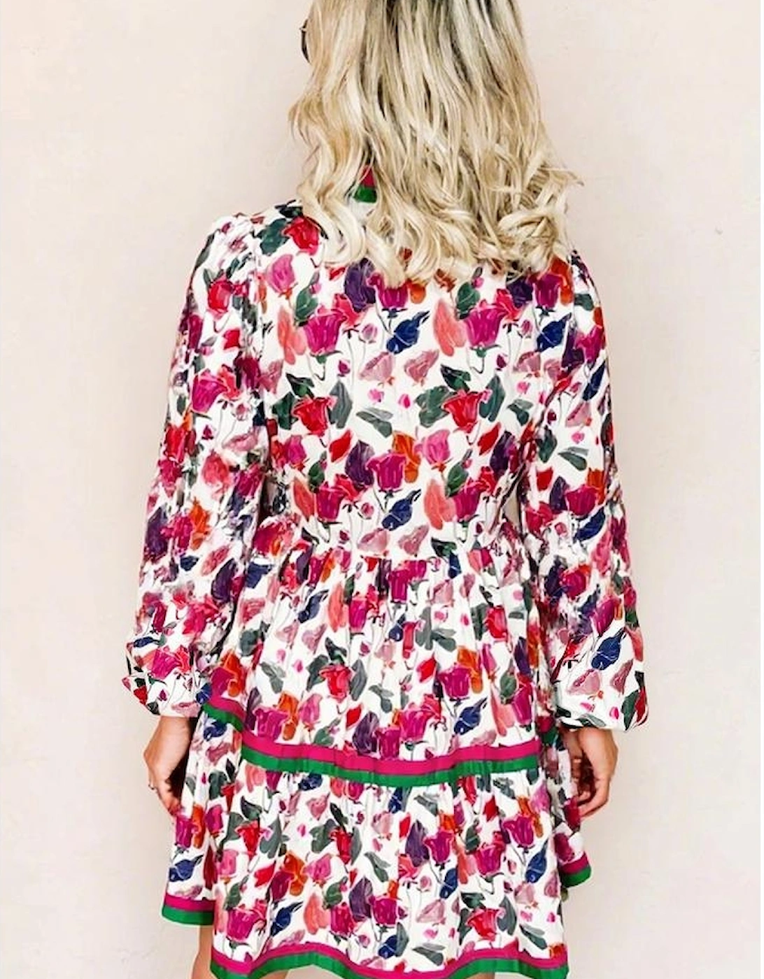 Purple Floral Print Contrast Striped Detail Long Sleeve Mini Dress, 5 of 4