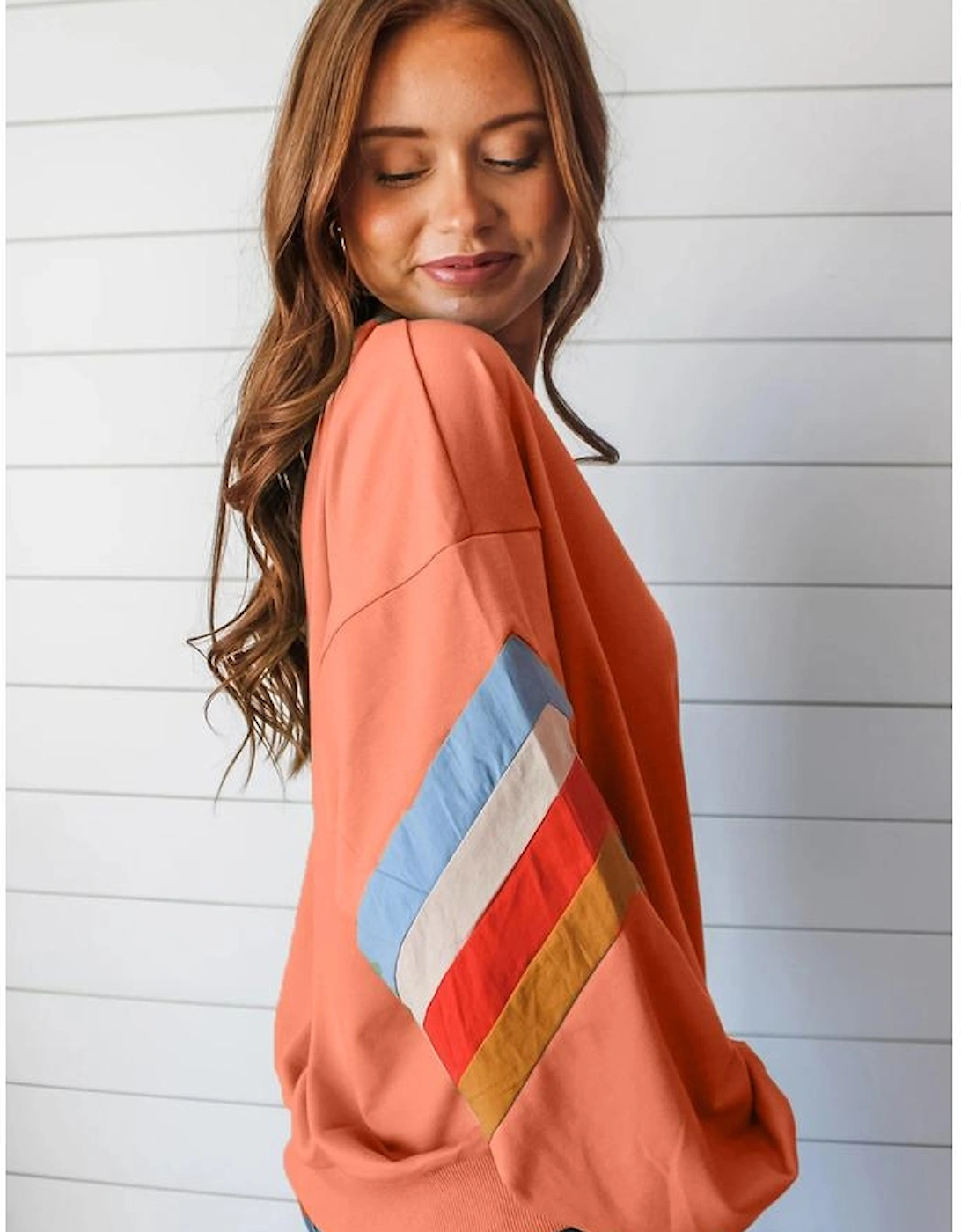 Flamingo Rainbow Striped Sleeve Crew Neck Loose Sweatshirt