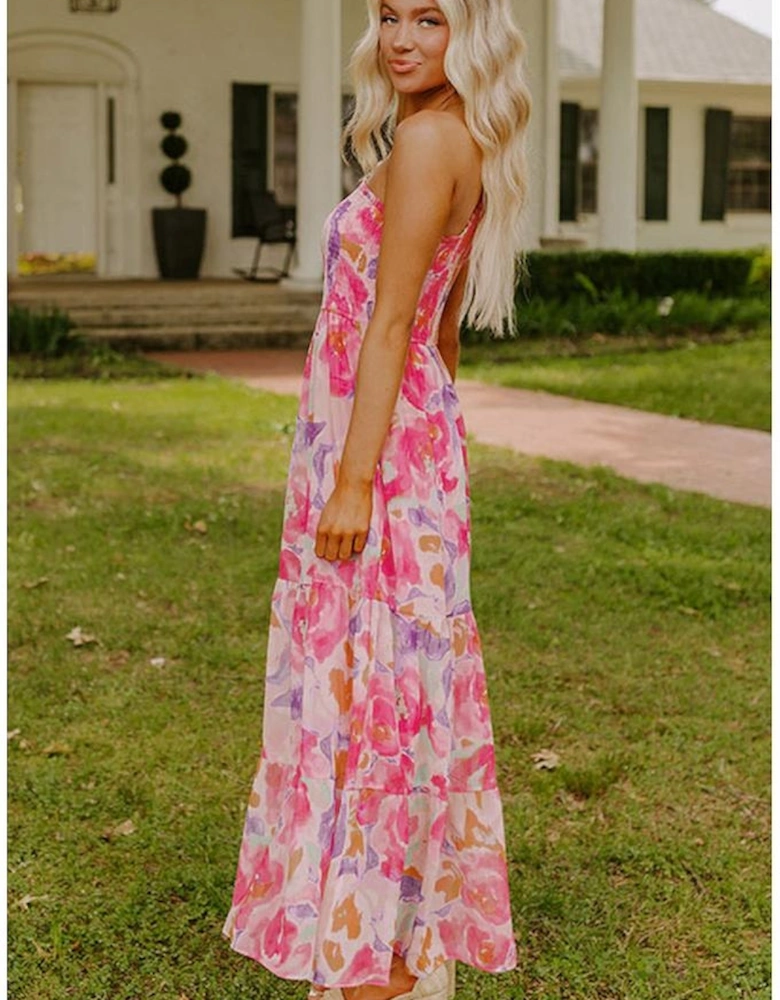 Pink Abstract Floral Print Shirred One Shoulder Maxi Dress
