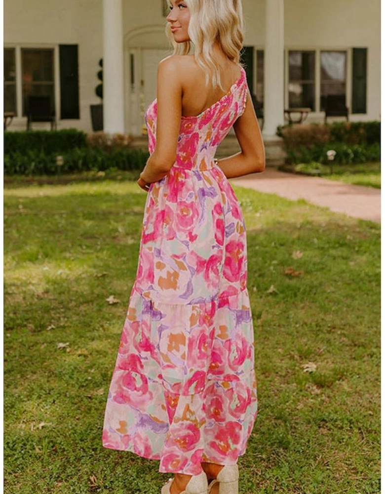 Pink Abstract Floral Print Shirred One Shoulder Maxi Dress