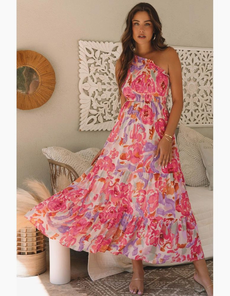 Pink Abstract Floral Print Shirred One Shoulder Maxi Dress