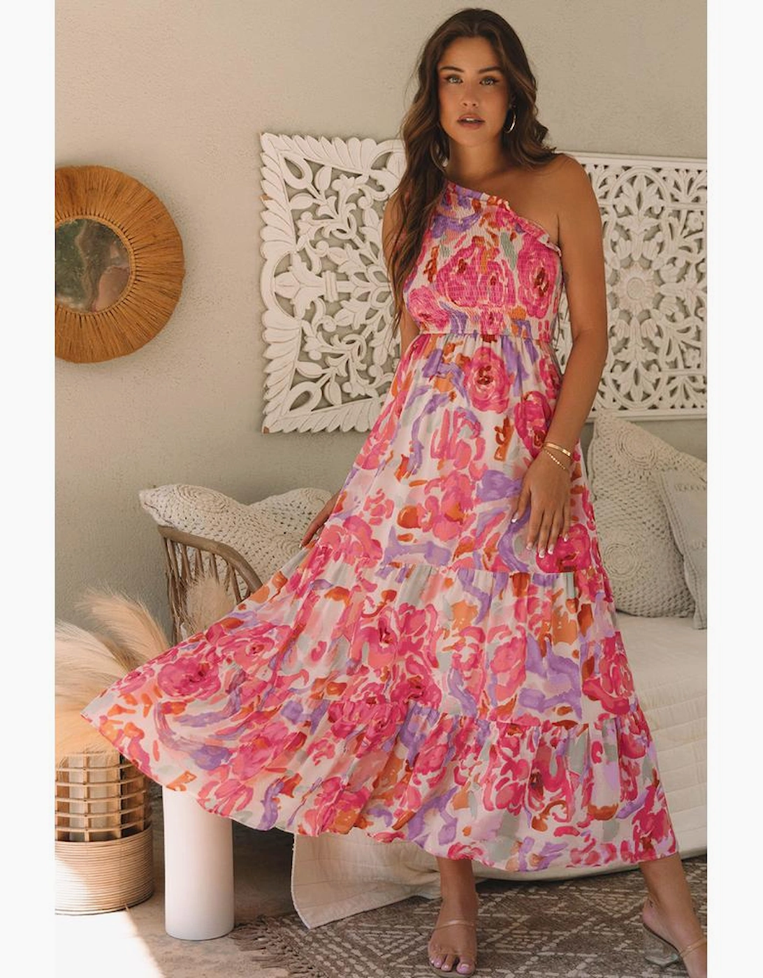 Pink Abstract Floral Print Shirred One Shoulder Maxi Dress