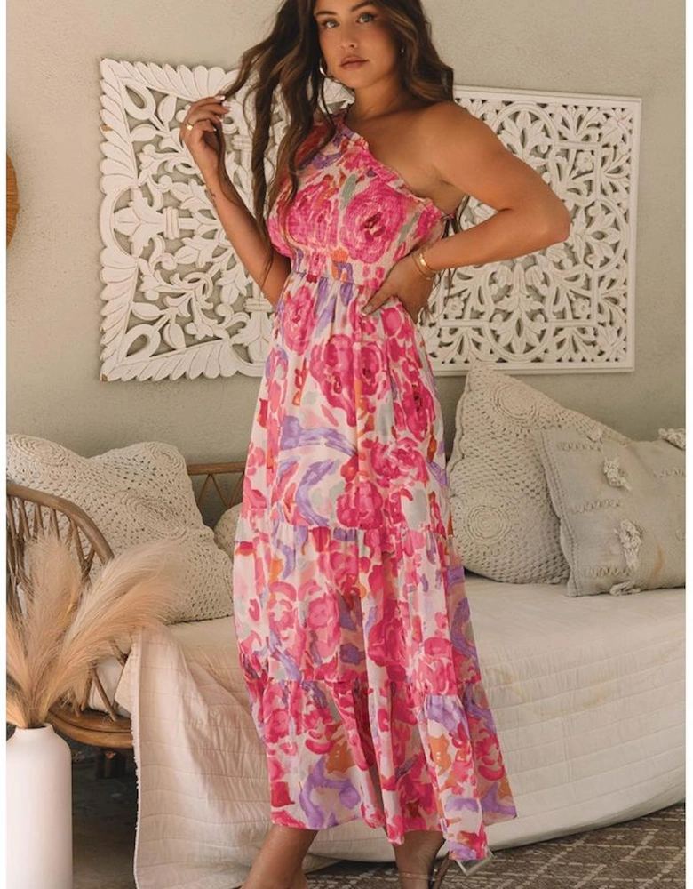 Pink Abstract Floral Print Shirred One Shoulder Maxi Dress