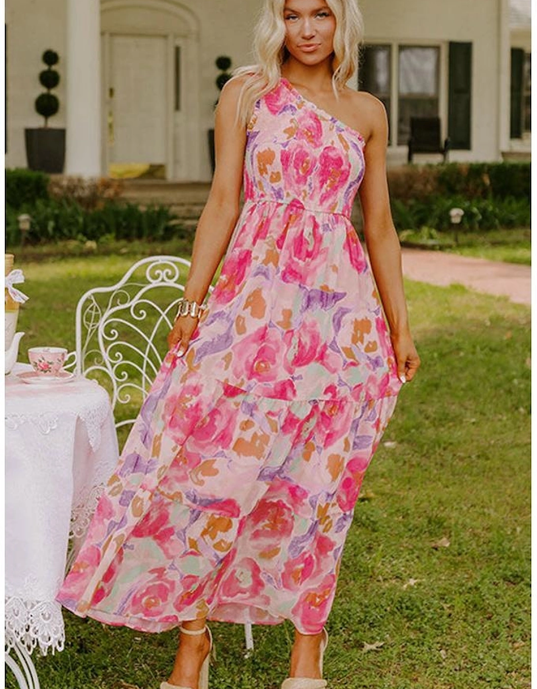 Pink Abstract Floral Print Shirred One Shoulder Maxi Dress