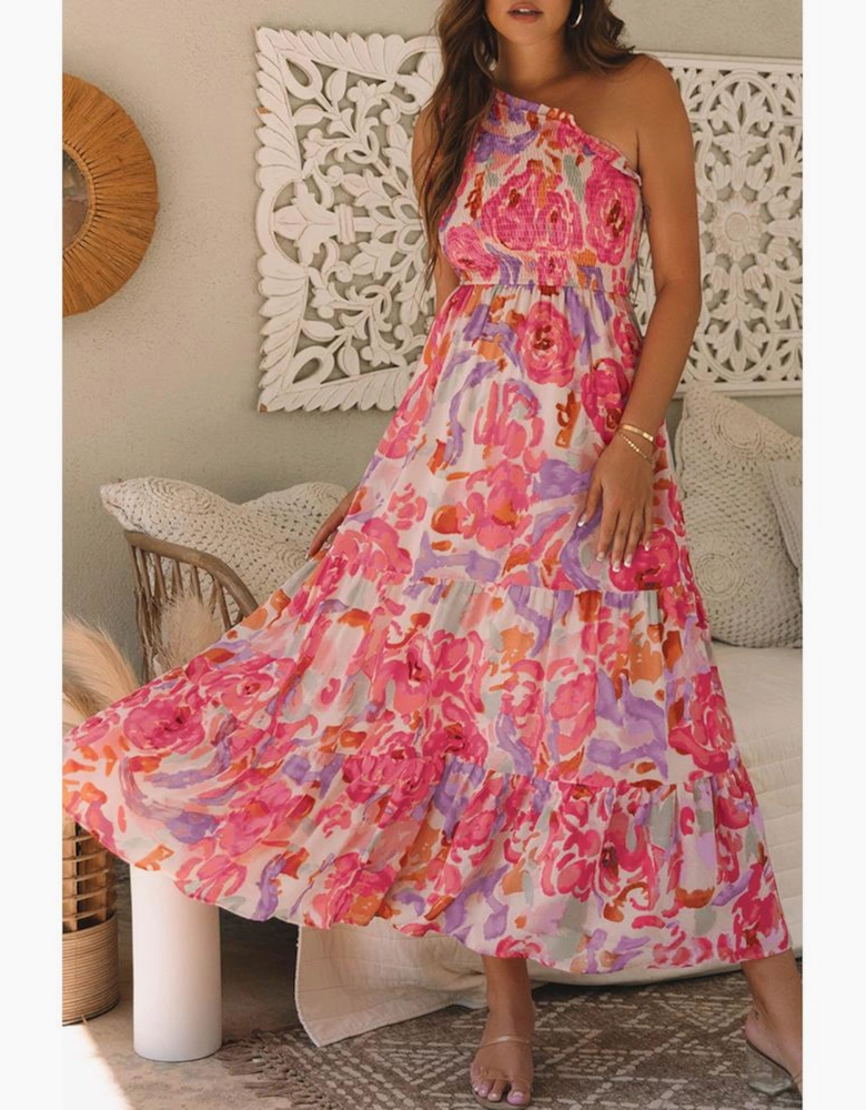 Pink Abstract Floral Print Shirred One Shoulder Maxi Dress