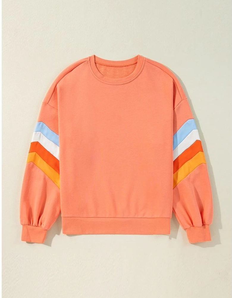 Flamingo Rainbow Striped Sleeve Crew Neck Loose Sweatshirt