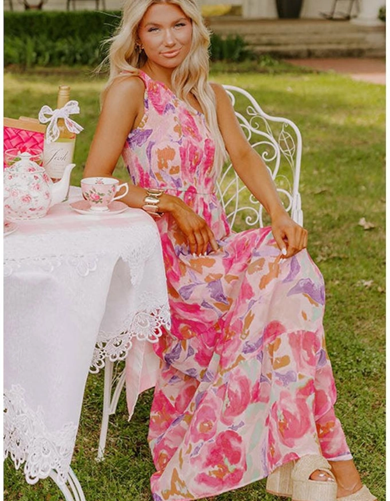 Pink Abstract Floral Print Shirred One Shoulder Maxi Dress