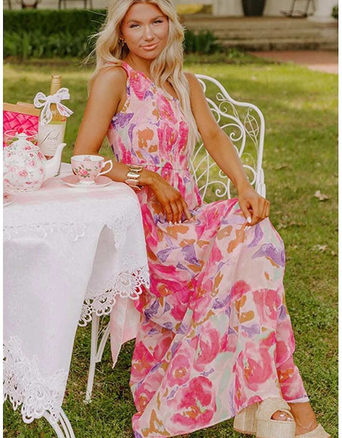 Pink Abstract Floral Print Shirred One Shoulder Maxi Dress