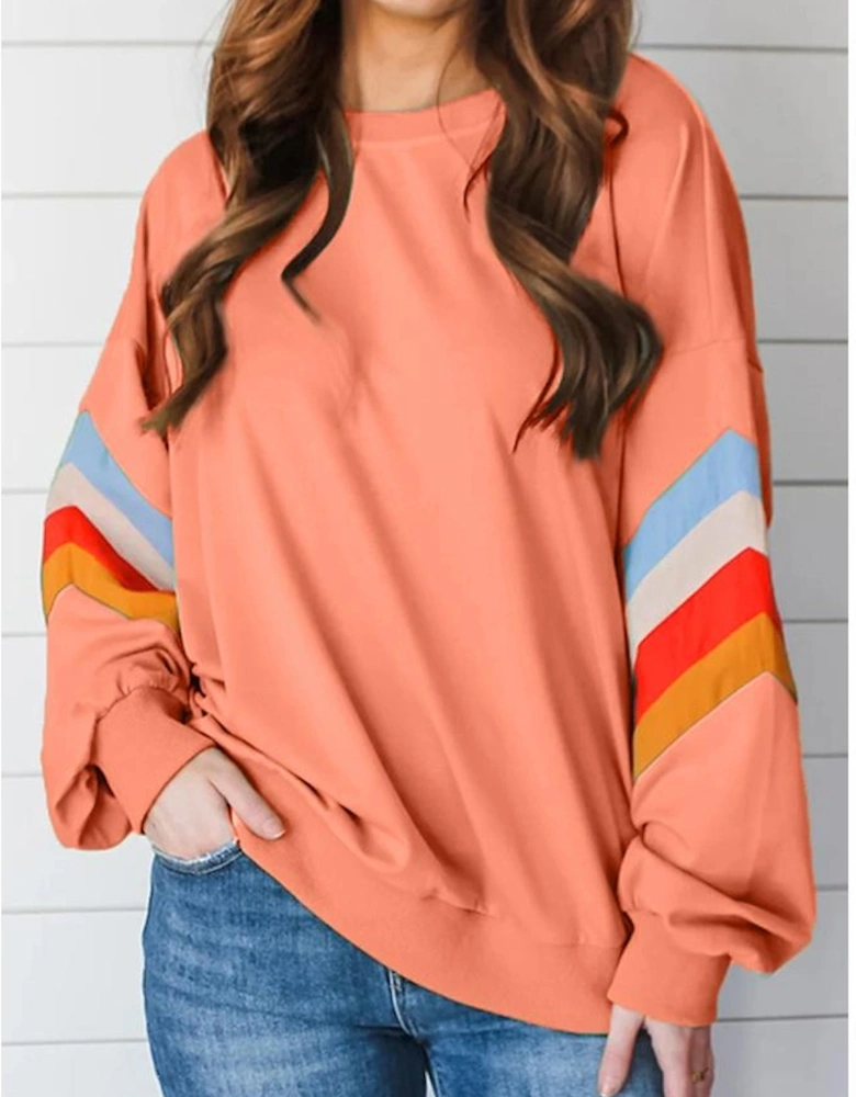 Flamingo Rainbow Striped Sleeve Crew Neck Loose Sweatshirt