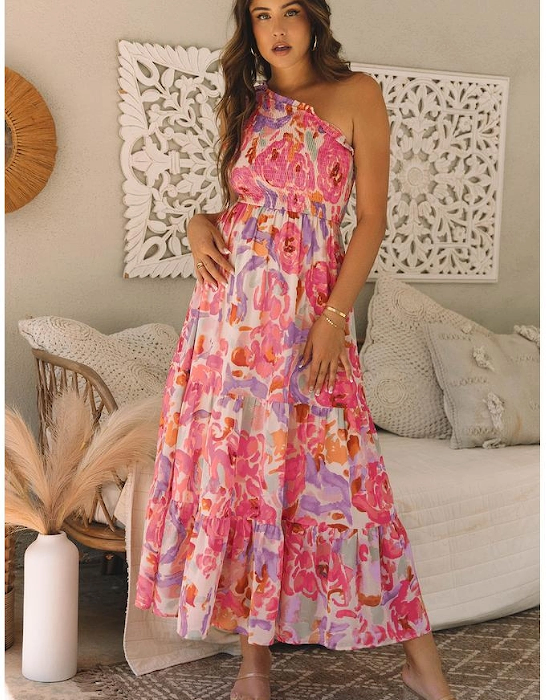 Pink Abstract Floral Print Shirred One Shoulder Maxi Dress
