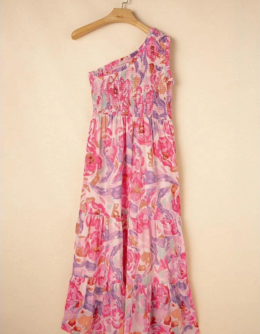 Pink Abstract Floral Print Shirred One Shoulder Maxi Dress