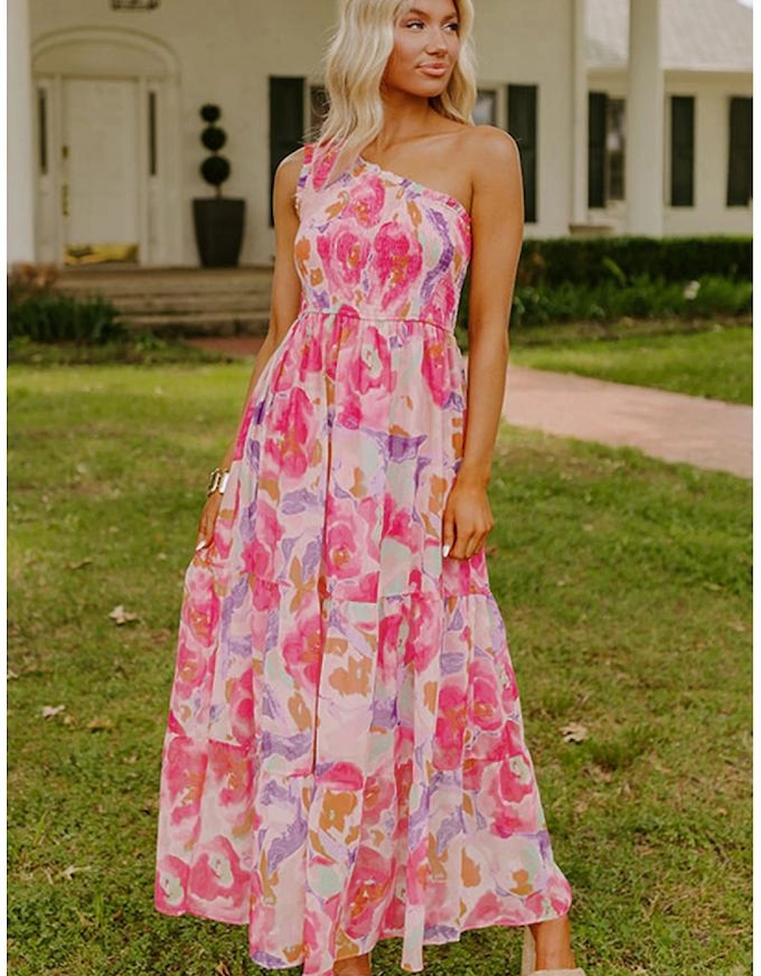 Pink Abstract Floral Print Shirred One Shoulder Maxi Dress