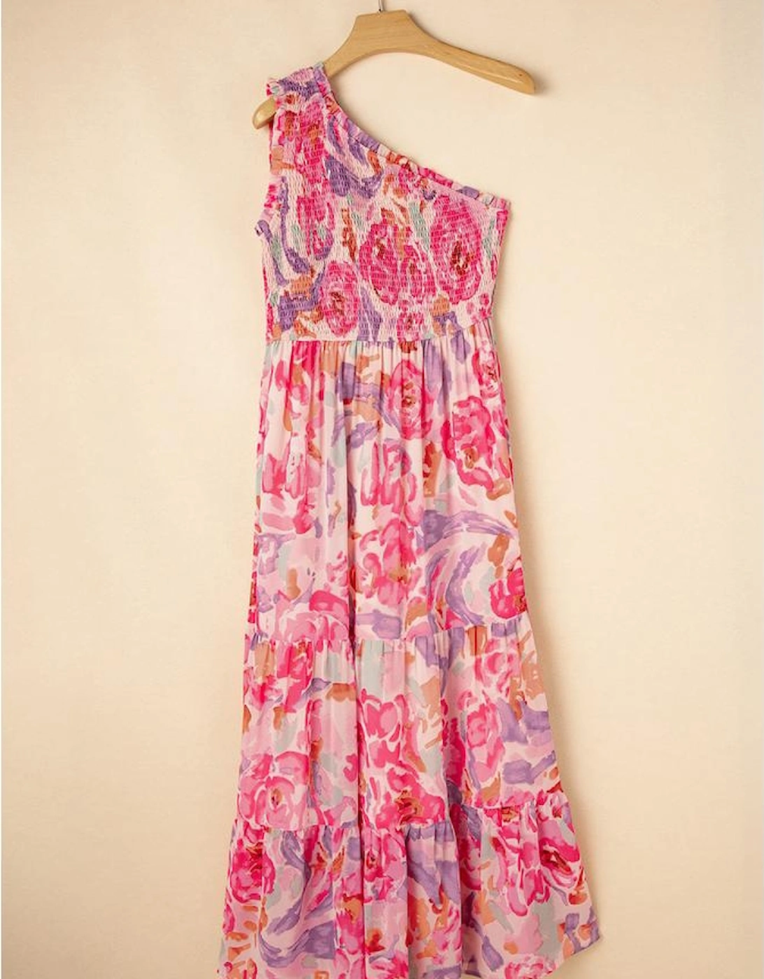 Pink Abstract Floral Print Shirred One Shoulder Maxi Dress