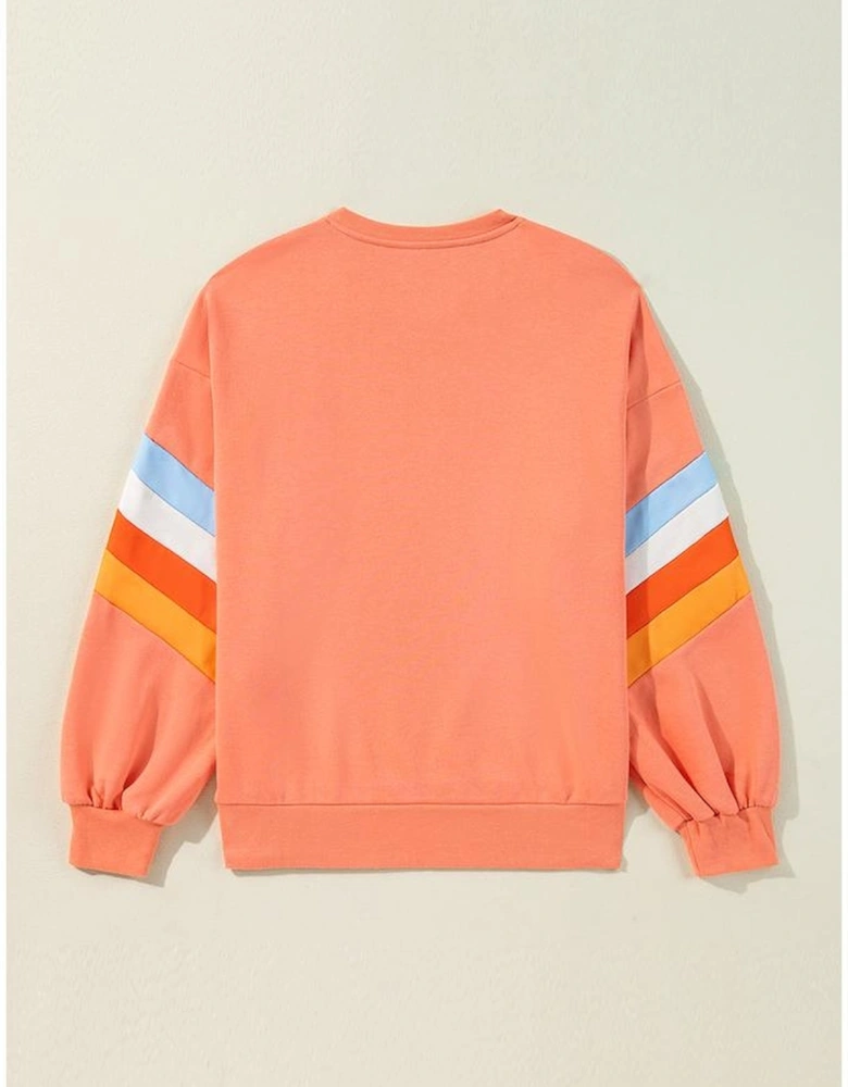 Flamingo Rainbow Striped Sleeve Crew Neck Loose Sweatshirt