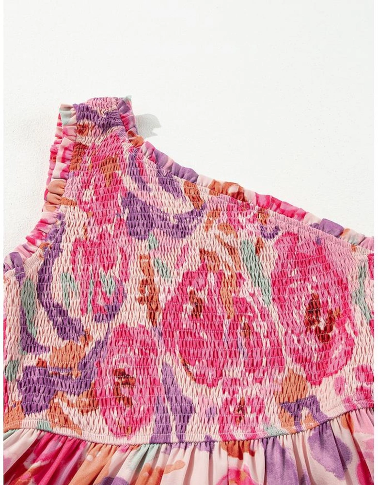 Pink Abstract Floral Print Shirred One Shoulder Maxi Dress