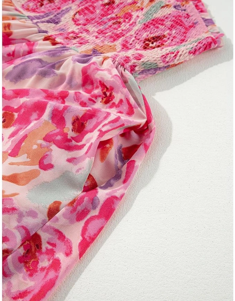 Pink Abstract Floral Print Shirred One Shoulder Maxi Dress