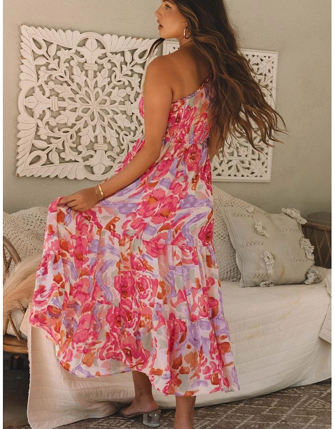 Pink Abstract Floral Print Shirred One Shoulder Maxi Dress