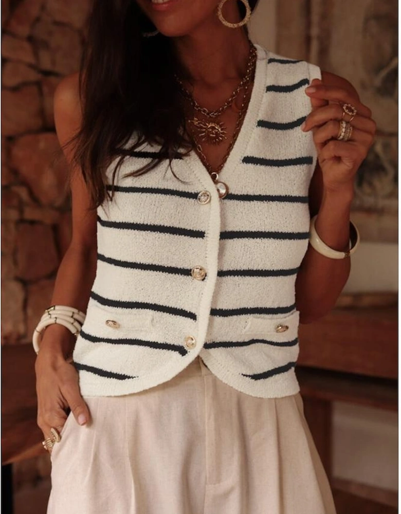 Black Stripe Buttoned V Neck Slim Fit Sweater Vest