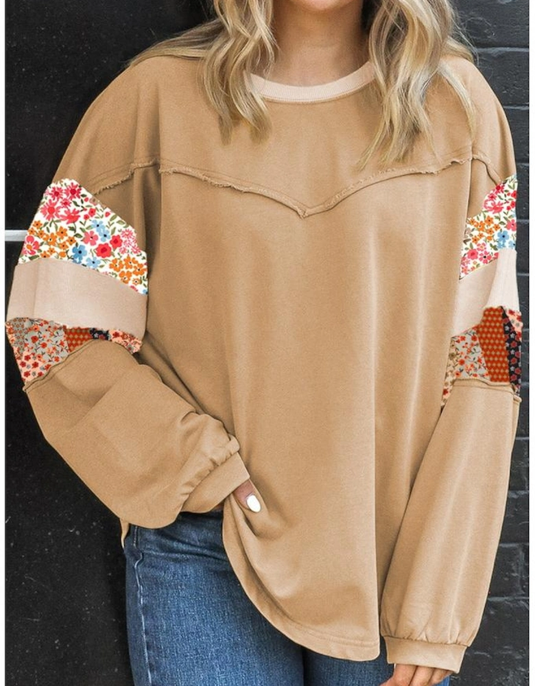 Khaki Exposed Seam Floral Mixed Patchwork Relaxed Plus Size Top