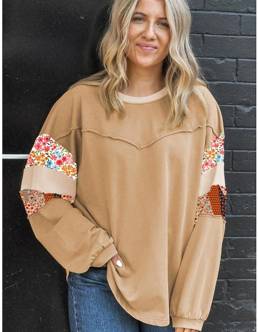 Khaki Exposed Seam Floral Mixed Patchwork Relaxed Plus Size Top, 3 of 2