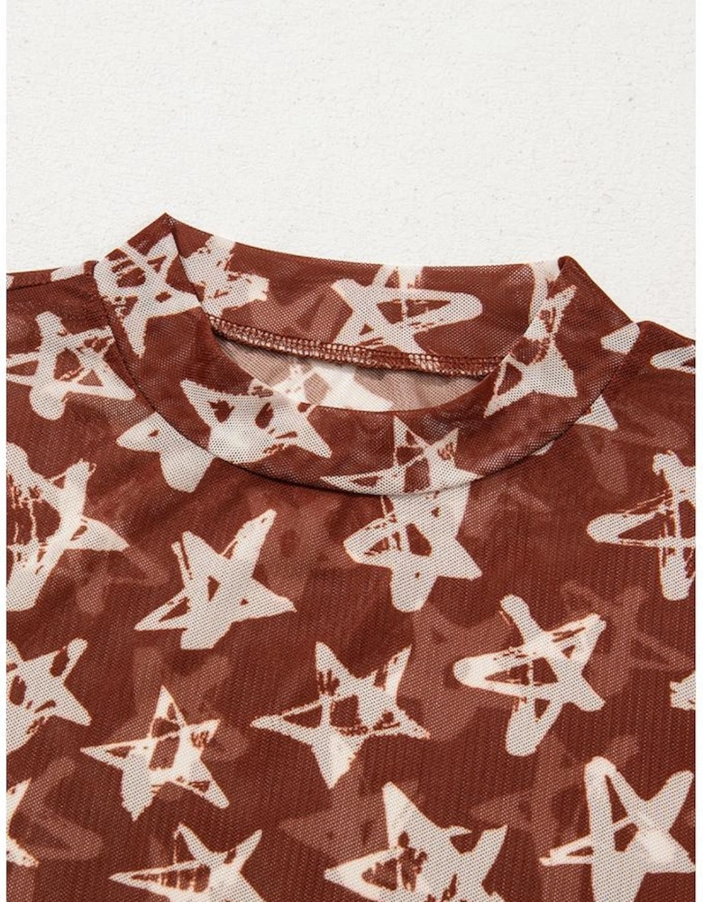 Red Mesh Star Print Mock Neck Sheath Long Sleeve Top