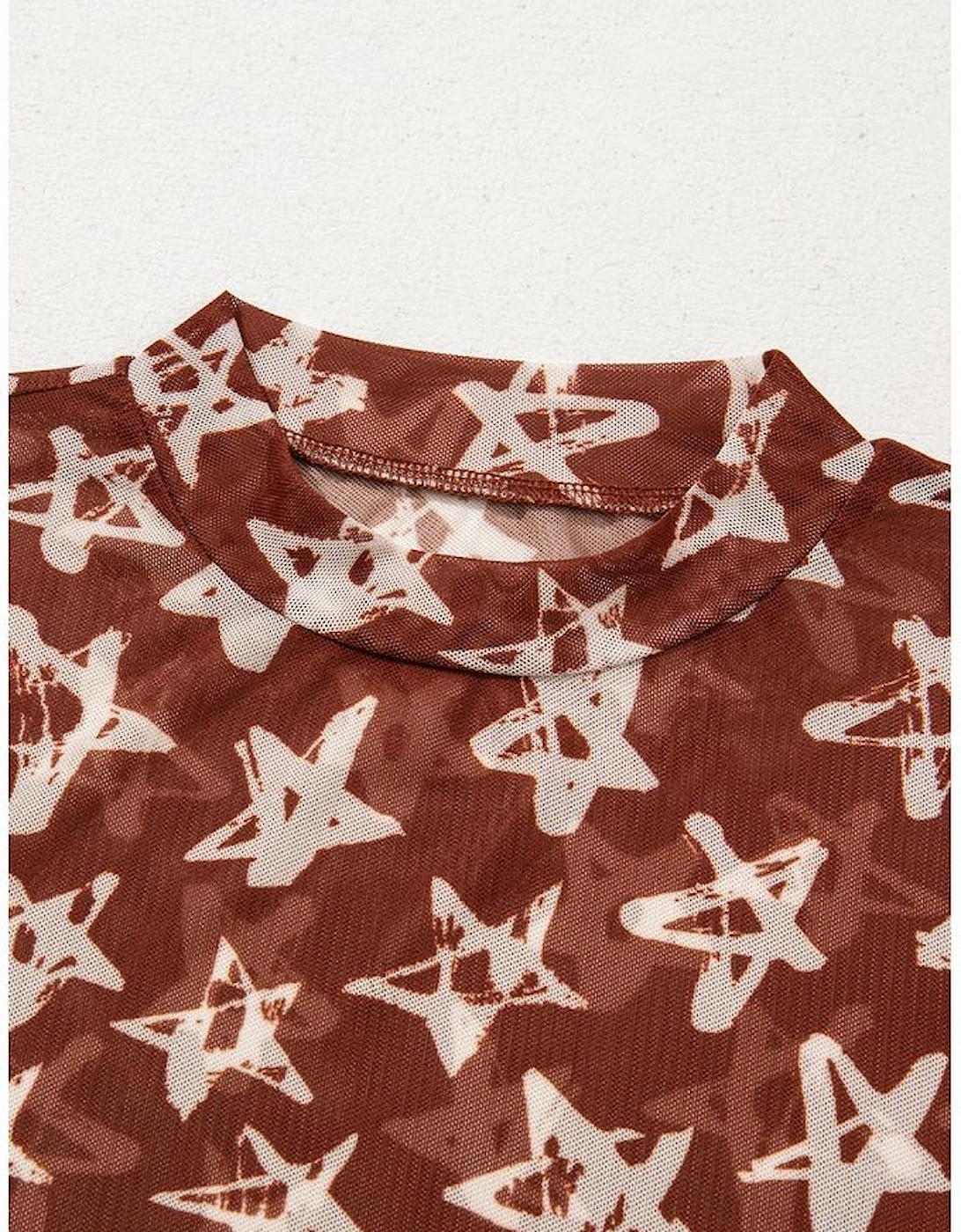 Red Mesh Star Print Mock Neck Sheath Long Sleeve Top