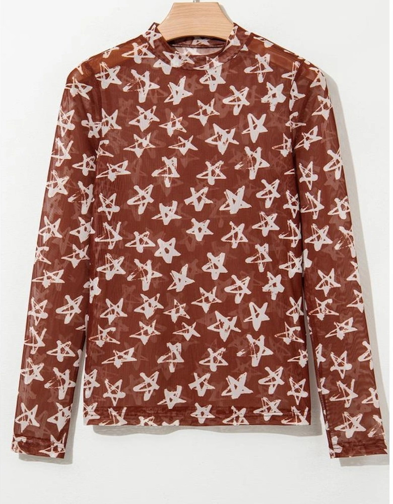 Red Mesh Star Print Mock Neck Sheath Long Sleeve Top