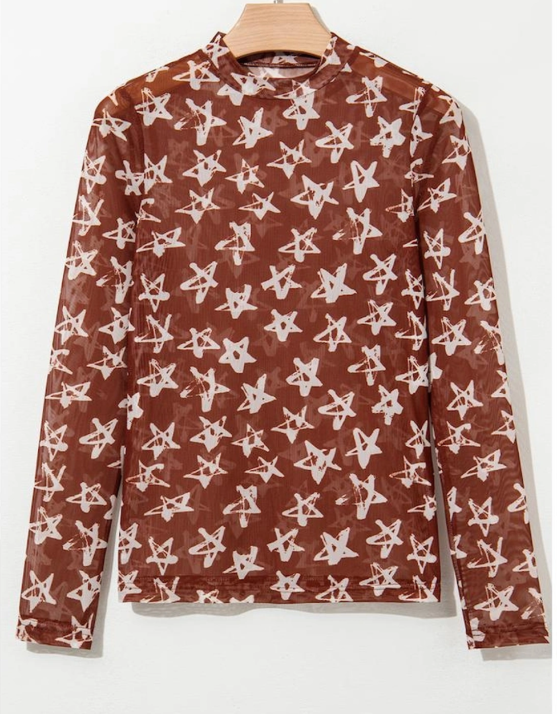 Red Mesh Star Print Mock Neck Sheath Long Sleeve Top