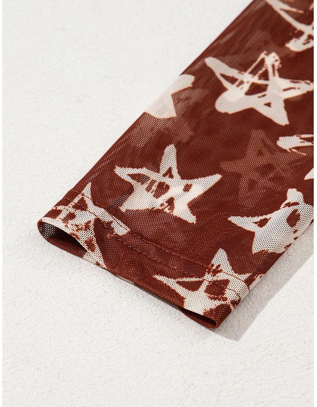 Red Mesh Star Print Mock Neck Sheath Long Sleeve Top