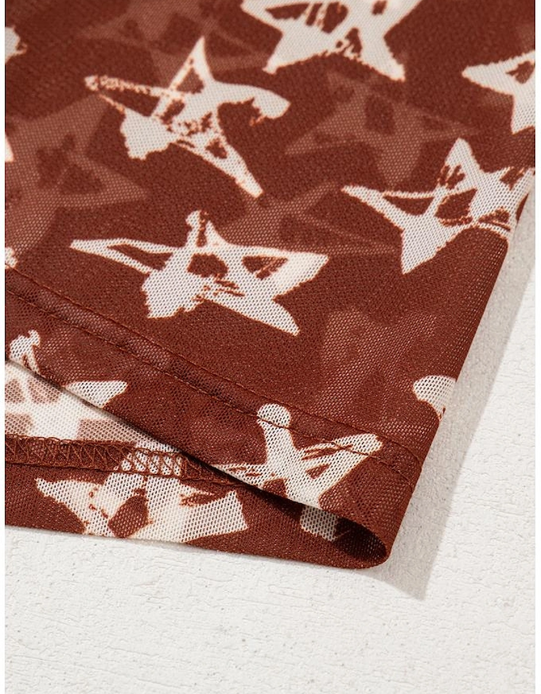 Red Mesh Star Print Mock Neck Sheath Long Sleeve Top