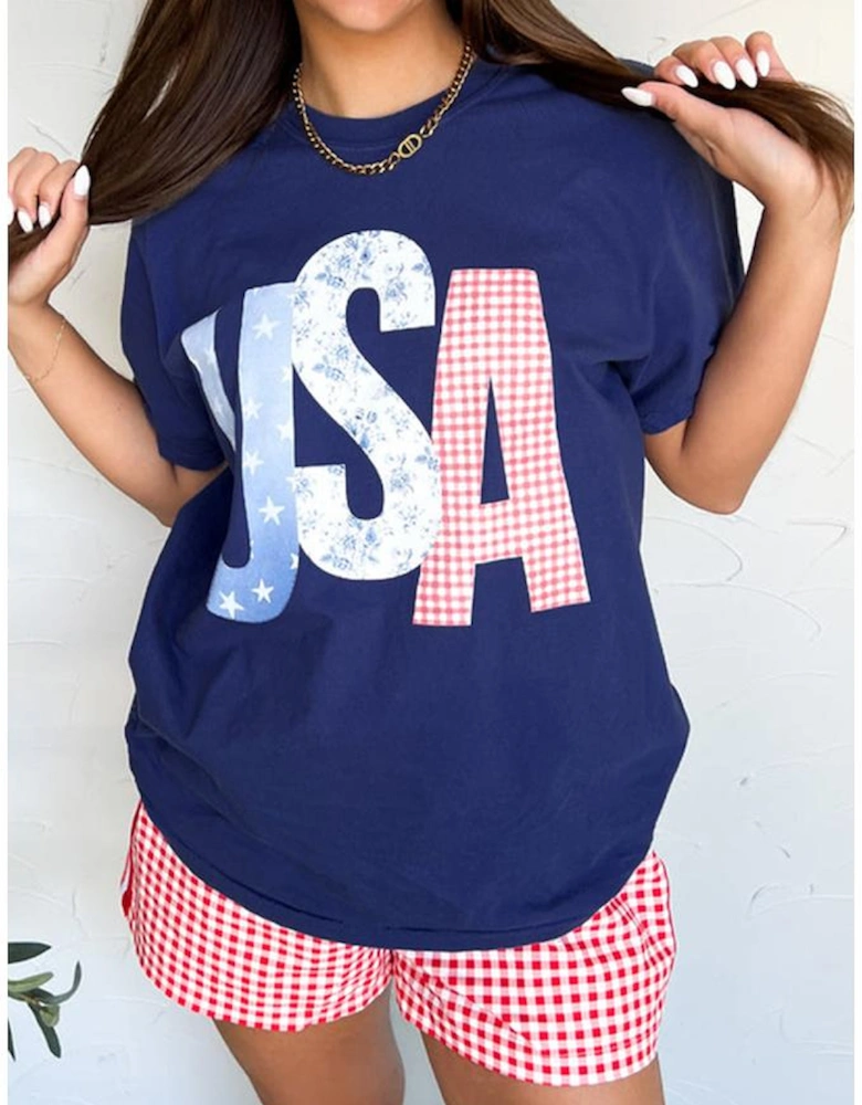 Blue USA Graphic July 4th Crew Neck T Shirt