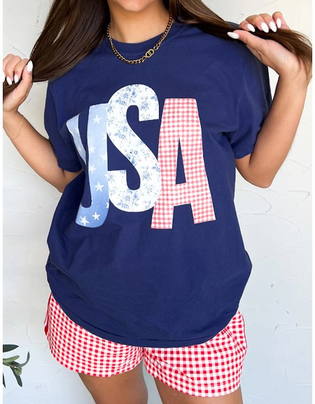 Blue USA Graphic July 4th Crew Neck T Shirt