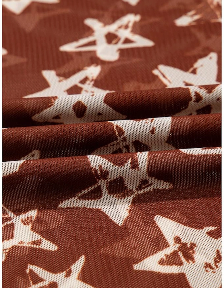 Red Mesh Star Print Mock Neck Sheath Long Sleeve Top