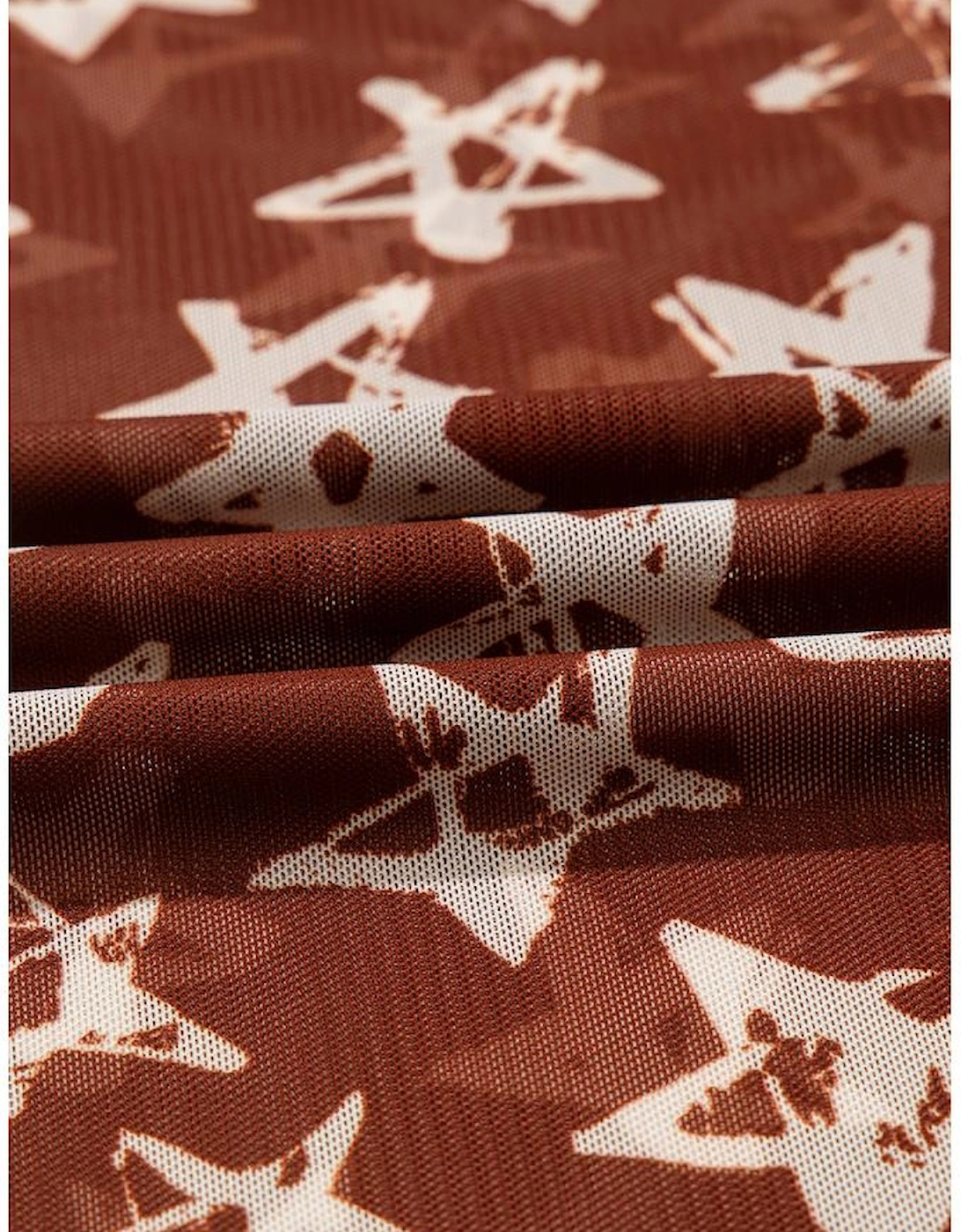 Red Mesh Star Print Mock Neck Sheath Long Sleeve Top